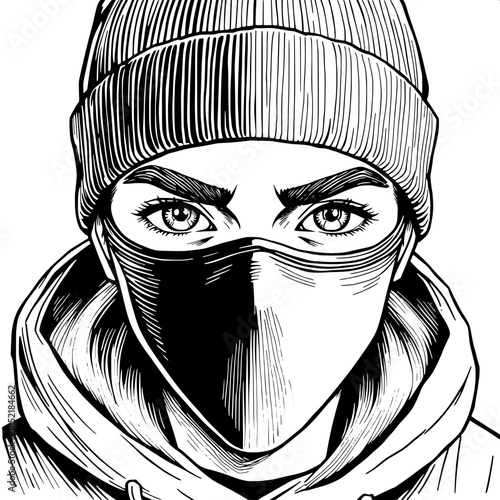 “High-contrast monochrome illustration of a masked youth with only the eyes visible, expressive eyebrows, beanie hat, and hoodie. Fine ink lines and cross-hatching textures, graphic novel aesthetic, m