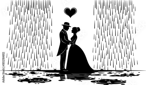Romantic couple silhouette in rain with heart, emotional black-and-white illustration for love, intimacy, mood, relationship, design, art