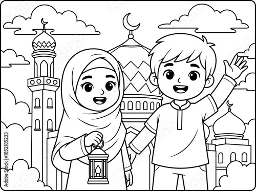 A muslim boy and girl in front of a mosque with a crescent moon and clouds