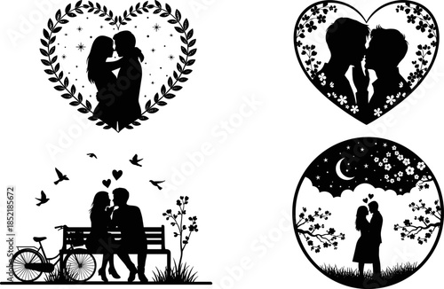 Romantic couple silhouette set with heart frames, nature elements, moonlight scenes for love, emotion, fairy tale, wedding, design, art