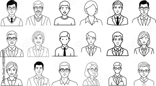 Collection of diverse business people line drawings