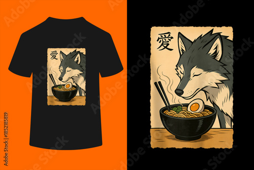 Funny Wolf Ramen Graphic Tee Japanese Art Kawaii Anime Wolf T-Shirt
