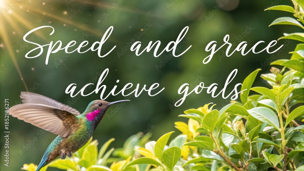 Naklejka premium Hummingbird in Flight Against a Green, Blurred Background