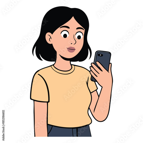 Illustration of woman with short black hair looking at her smartphone