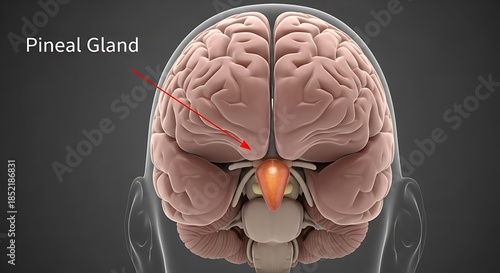 Anatomical view of human brain showing location of pineal gland deep within the structure