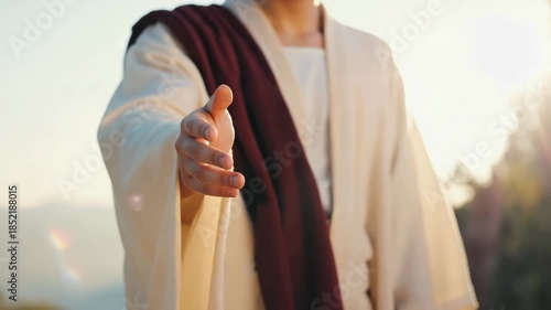 The hand of jesus christ extended in a gesture of welcome and salvation. A religious depiction of christian faith, redemption, and the compassionate love of the savior