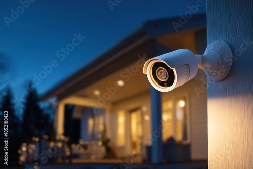 Home security system smart camera at dusk