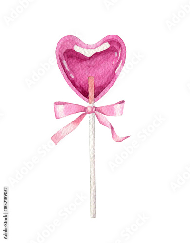 Pink watercolor Heart Shaped Lollipop with Bow. Caramel isolated on white background. 
Sweetness for Valentine's Day