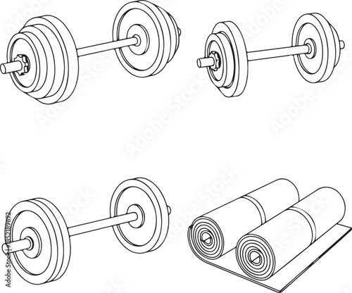 Black and white line of barbells and yoga mats dumbbells weights