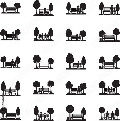 Black and white park bench tree people