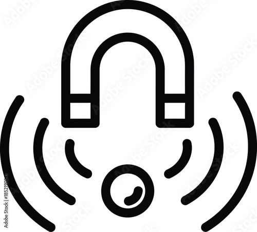 Black horseshoe magnet icon attracting a circle on white background Keywords: magnet, horseshoe
