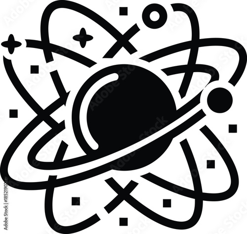 Black and White Icon of an Atom Model with Orbiting Electrons atomic science
