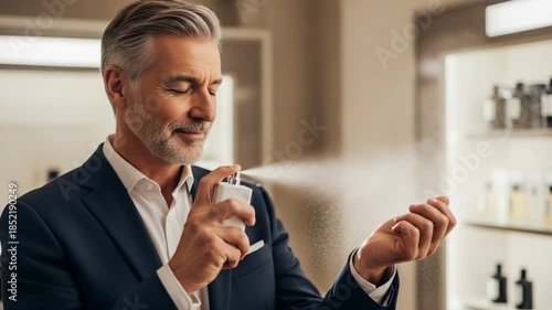 Handsome mature caucasian man spraying cologne on his wrist to test the fragrance. A sophisticated gentleman choosing a new masculine scent in a luxury perfume store