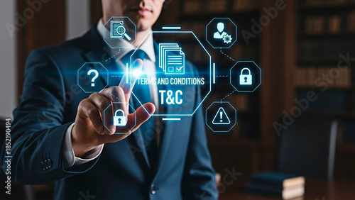 Businessman activating terms and conditions for legal and contractual concept.