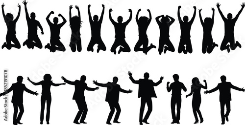 “Group of joyful people jumping and dancing in celebration, energetic human silhouettes expressing happiness, freedom, teamwork, unity, and excitement”
