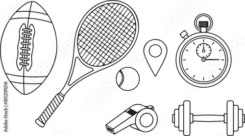 Sports with football tennis racket and stopwatch whistle