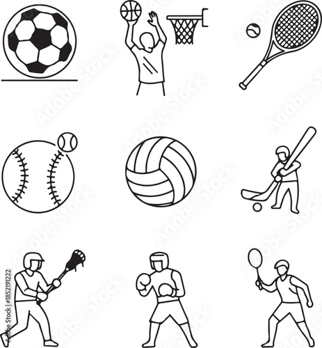 Sports with soccer ball and basketball player tennis baseball