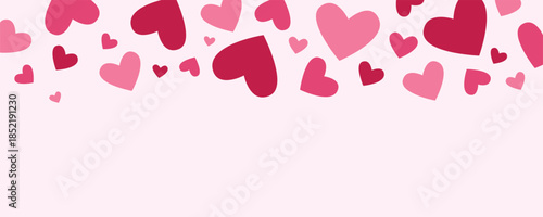 Hearts border on pink background. Romantic Valentine’s Day decoration with cute heart shapes for banners, posters and greeting card designs. Flat vector illustration.