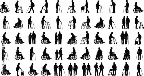Black silhouettes of elderly and disabled people using wheelchairs, walkers, canes, and crutches, set of diverse mobility aid icons for inclusivity.