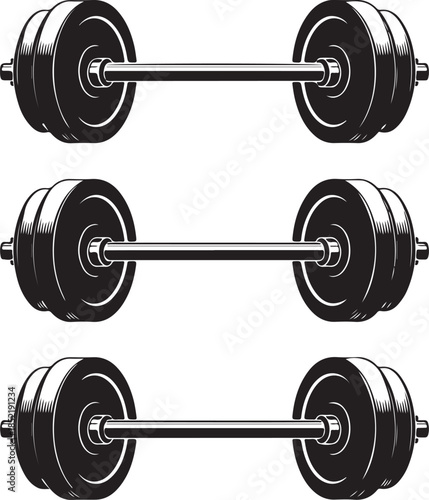 Three black and white of barbells weights fitness