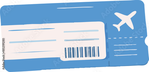 A flat minimalist illustration of a blue airplane boarding pass ticket with a plane icon and barcode, representing air travel and transportation.