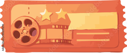 A flat retro-style illustration of a blank cinema movie ticket with a film reel, stars, and empty text space in warm orange tones.