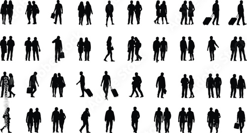 Collection of People Silhouettes Including Couples Walking Travelers with Suitcases and Pedestrians in Various Poses Isolated on White Background for Design