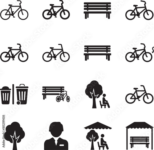 Various park and outdoor in black and white bicycle bench