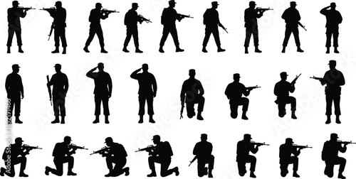 Collection of Soldier Silhouettes in Various Combat Poses Including Aiming Rifles Saluting Kneeling and Standing Isolated on White Background for Design