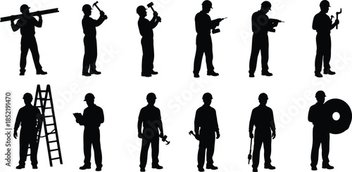 Construction worker silhouettes, laborers using tools, builders performing tasks, industrial workforce poses, maintenance crew illustration, engineering job activity collection