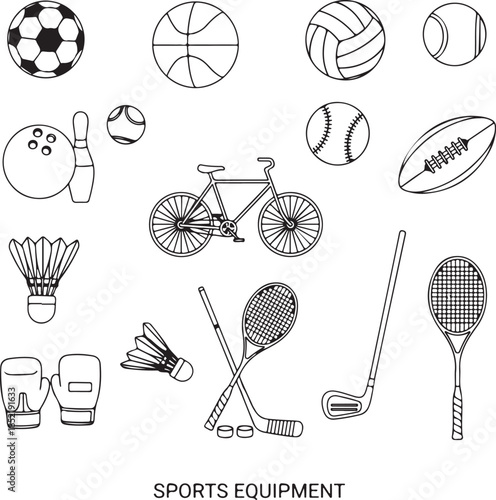 Various sports equipment soccer basketball