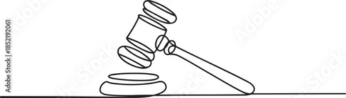 One line drawing of judge hammer law symbol continuous hand drawn sketch minimalist design vector illustration. one line Art icon drawing