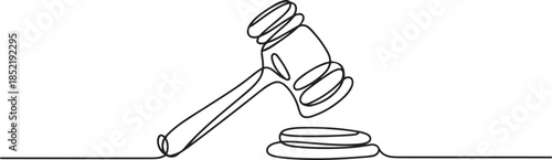 One line drawing of judge hammer law symbol continuous hand drawn sketch minimalist design vector illustration. one line Art icon drawing
