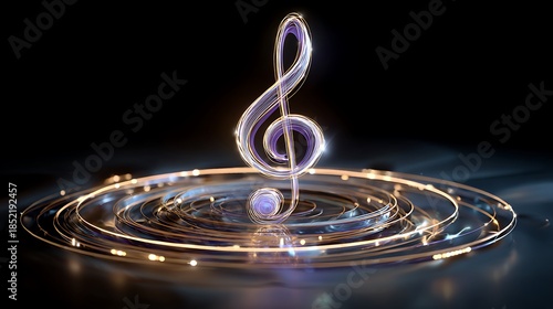 3D glowing clef emerging from swirling sound rings