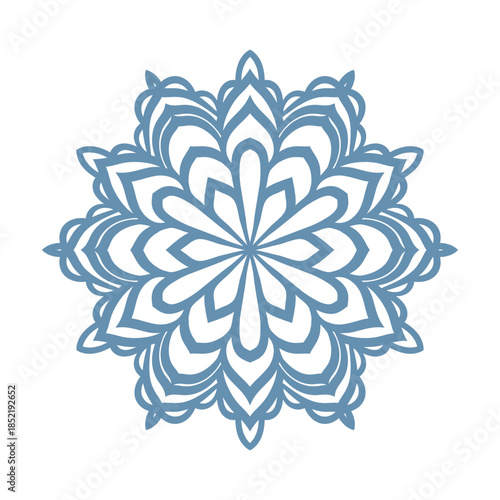Blue template snowflake with shadow. Isolated snowflakes icon, round mandala. Winter Holiday cartoon flat illustration. Merry Christmas and New year Vector. Hand draw style.