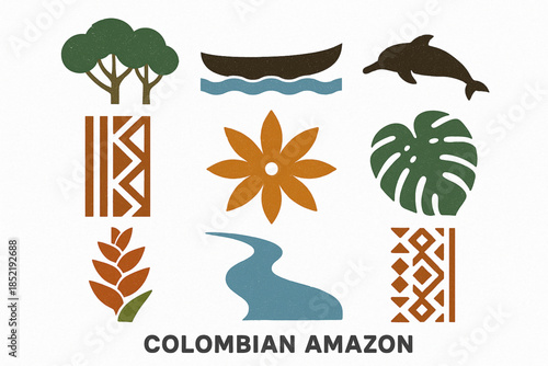 Colombian Amazon Icon Set with Rainforest, River Dolphin and Tribal Nature Symbols