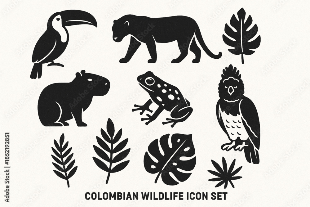 Fototapeta premium Colombian Wildlife Icon Set with Toucan, Jaguar and Tropical Animals in Geometric