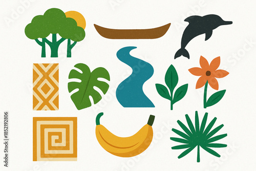 Colombian Amazon Icon Set with Rainforest, River Dolphin and Tribal Nature Symbols