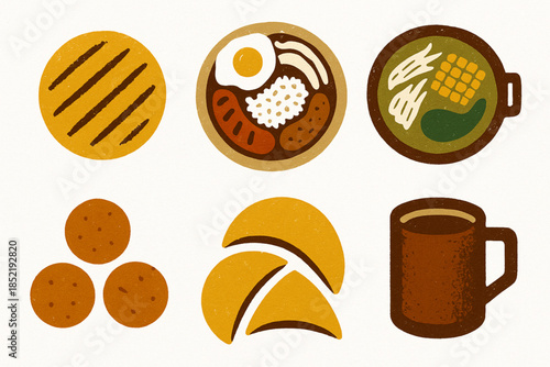 Colombian Cuisine Icon Set with Arepa, Bandeja Paisa and Traditional Dishes