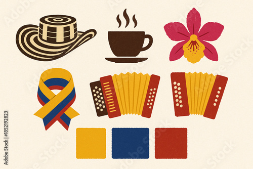 Colombian Culture Icon Set with Sombrero Vueltiao, Coffee and Accordion in Geometric Vector