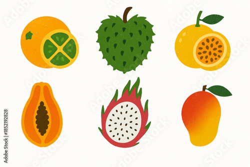 Colombian Tropical Fruit Icon Set with Lulo, Guanabana and Exotic Fruits in Geometric