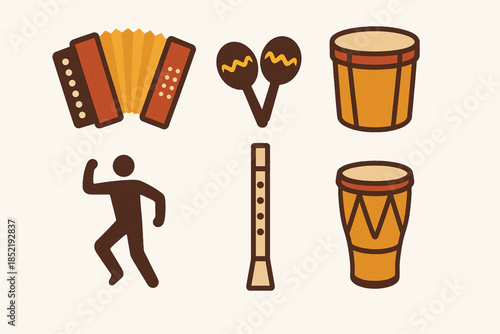 Colombian Music Icon Set with Vallenato Accordion, Cumbia Drums and Folk Instruments