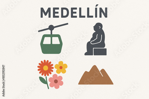 Medellin City Icon Set with Metrocable, Botero Art and Floral Festival Symbols