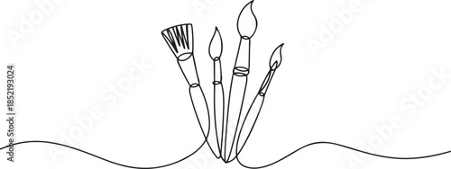 Paint brushes continuous one line drawing. Isolated on white background vector, one line Art icon drawing