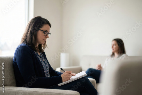 Therapist writing notes during counseling session