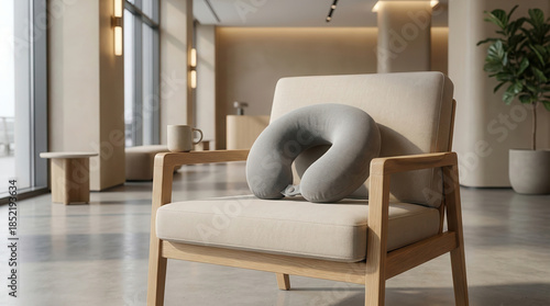 Travel neck pillow on modern lounge chair interior