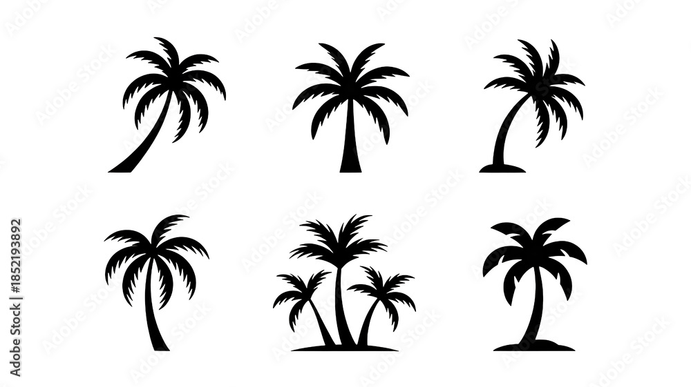 Fototapeta premium Palm Trees Silhouette Set in Simple Flat Design with Black Color on White Background for Tropical Icon Pack