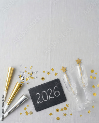 2026 new year celebration flat lay with champagne