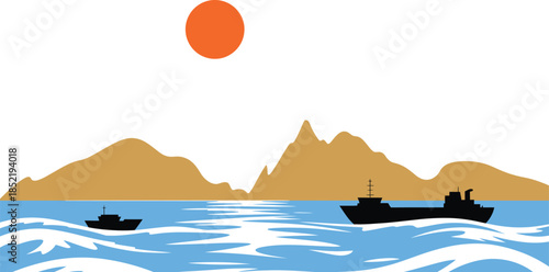 Oceanic Landscape with Ships Under a Setting Sun