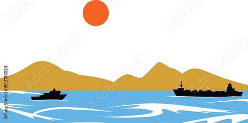 Maritime scene depicting diverse ships, cargo and military, crossing serene waters